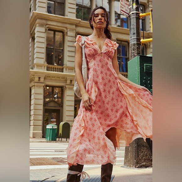 Free People Asymmetrical Peach Floral Dress, Size L - Picture 2 of 14